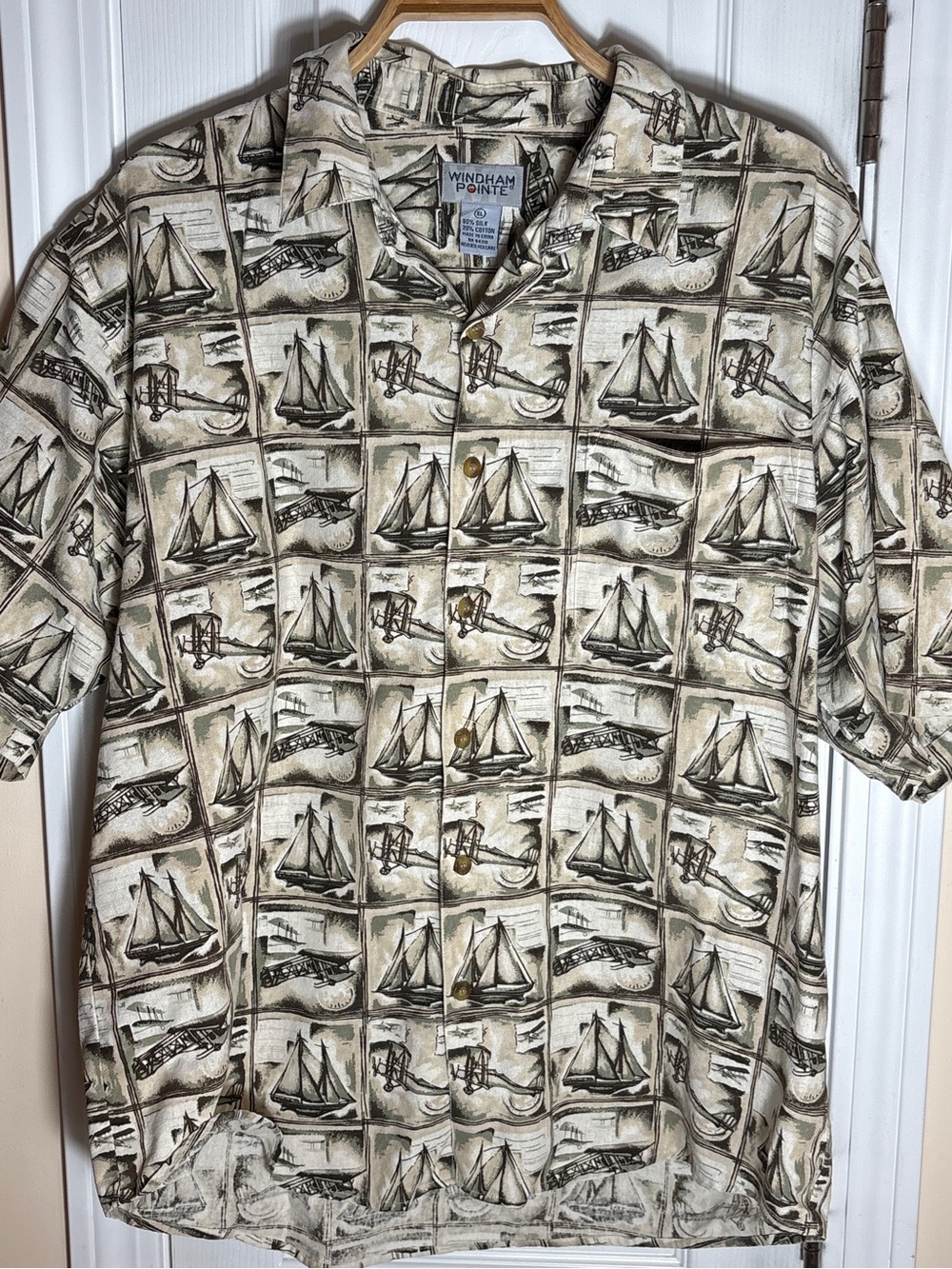 Hawaiian Shirt w/ bi-planes & sailboats by Windham Pointe - XL - vacation, Y2K